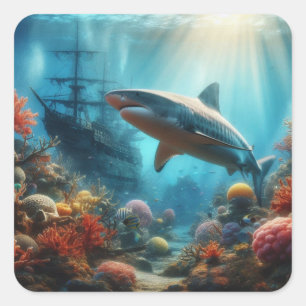 Kust/zee tijgerhaai & koraalrif vierkante sticker