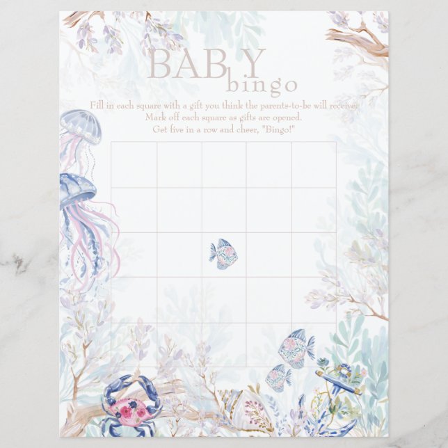 Kust Zeedieren Baby Shower Bingo Spel (Voorkant)