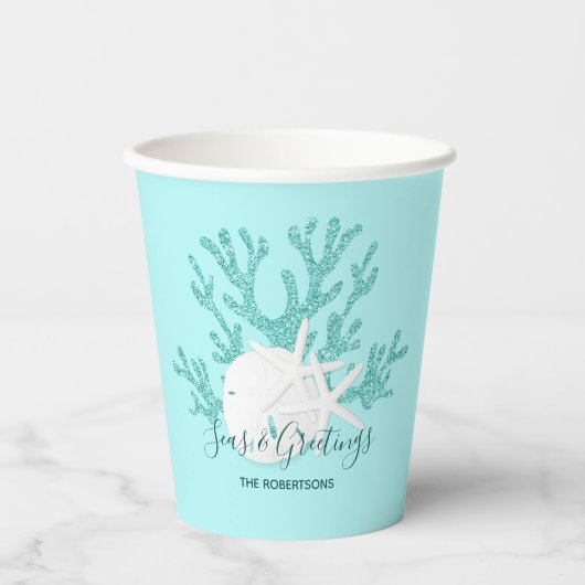 Kust Zeeen & Groeten Christmas Beach Aqua Blue Papieren Bekers (Voorkant)