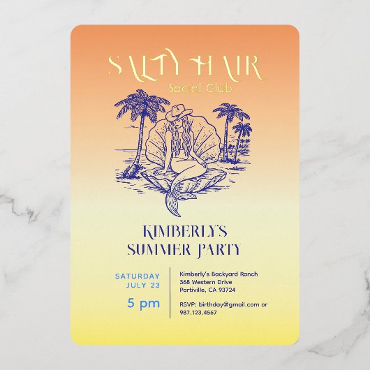 Kust Zeemeermin Cowgirl Summer Party Gold Folie Uitnodiging (Voorkant)