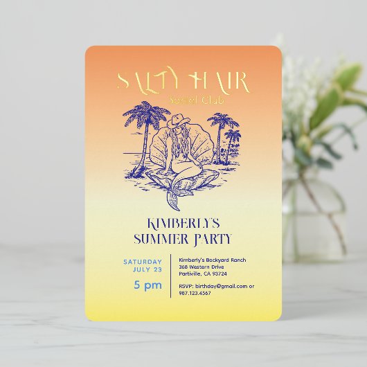Kust Zeemeermin Cowgirl Summer Party Gold Folie Uitnodiging (Staand Voorkant)