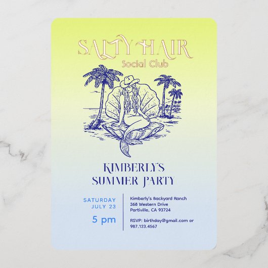 Kust Zeemeermin Koeienmeisje Zomerfeest Roos Goud Folie Uitnodiging (Voorkant)