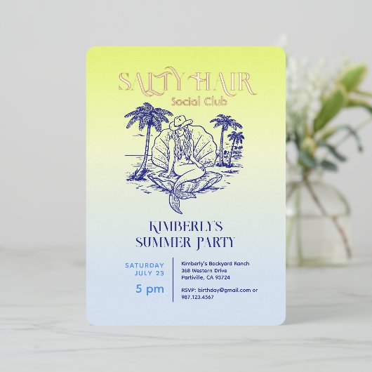 Kust Zeemeermin Koeienmeisje Zomerfeest Roos Goud Folie Uitnodiging (Staand Voorkant)