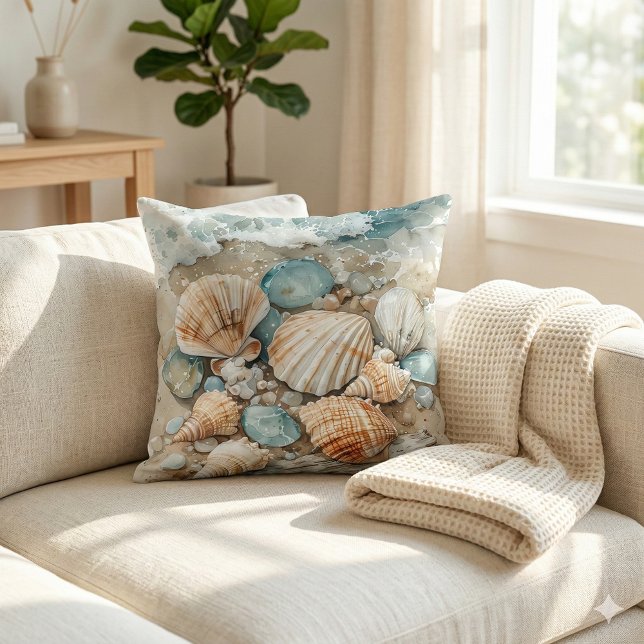 Kust Zeeschelp Aquarel Drijfhout Scène Kussen (Coastal Seashell Watercolor Driftwood Scene Throw Pillow Mockup A)