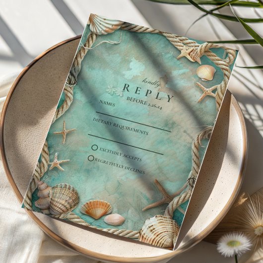Kust Zeeschelp Botanische Bruiloft RSVP Kaartje