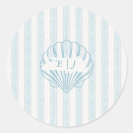 Kust Zeeschelp Bruid Bruidegom Initiaal Blauw Ronde Sticker