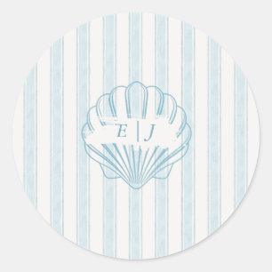 Kust Zeeschelp Bruid Bruidegom Initiaal Blauw Ronde Sticker
