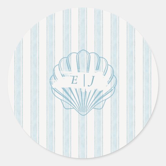 Kust Zeeschelp Bruid Bruidegom Initiaal Blauw Ronde Sticker (Voorkant)