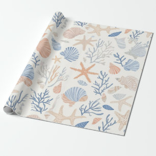 Kust Zeeschelp Zeester Blauwe Perzik Crème Cadeaupapier