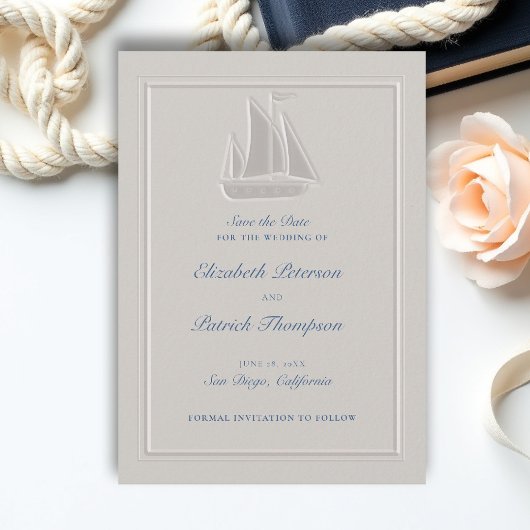 Kust zeilboot ivoor formele bruiloft save the date
