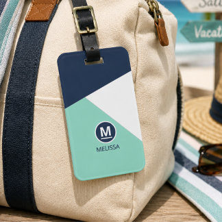 Kust Zomer Navy Mint Geometrisch Patroon Naam Bagagelabel