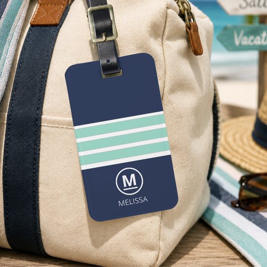 Kust Zomer Navy Mint Strepen Monogram Naam Bagagelabel