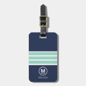 Kust Zomer Navy Mint Strepen Monogram Naam Bagagelabel (Voorkant verticaal)