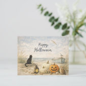 Kust Zwarte Kat Roeiboot Halloween Feestdagenkaart (Staand voorkant)