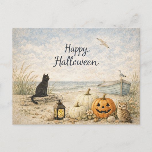 Kust Zwarte Kat Roeiboot Halloween Feestdagenkaart (Voorkant)