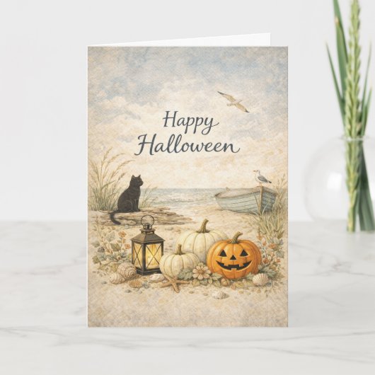 Kust Zwarte Kat Roeiboot Halloween Kaart (Voorkant)