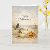 Kust Zwarte Kat Roeiboot Halloween Kaart (Gele Bloem)