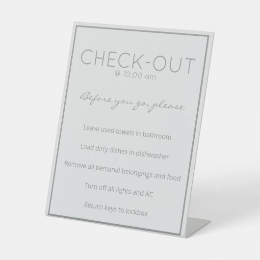 Kustafdruk grijze gasten uitchecken Tafel Reclamebord Met Voetstuk (Voorkant)