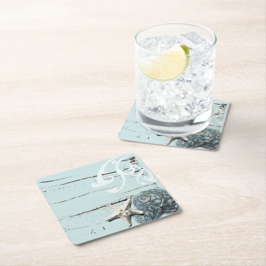 Kustaqua blauw strand hout zeesterren schelp kartonnen onderzetters (Insitu)