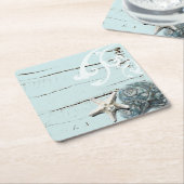 Kustaqua blauw strand hout zeesterren schelp kartonnen onderzetters (Schuin)