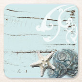 Kustaqua blauw strand hout zeesterren schelp kartonnen onderzetters (Voorkant)