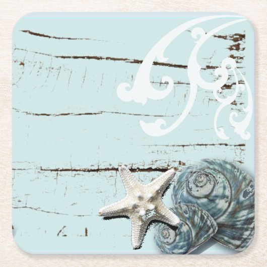 Kustaqua blauw strand hout zeesterren schelp kartonnen onderzetters (Voorkant)