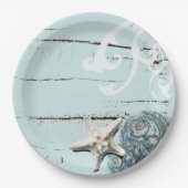 Kustaqua blauw strand hout zeesterren schelp papieren bordje (Voorkant)