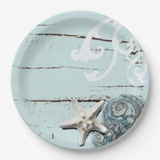 Kustaqua blauw strand hout zeesterren schelp papieren bordje (Voorkant)