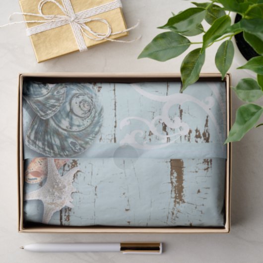 Kustaqua blauw strand hout zeesterren schelp tissuepapier (Geschenk)