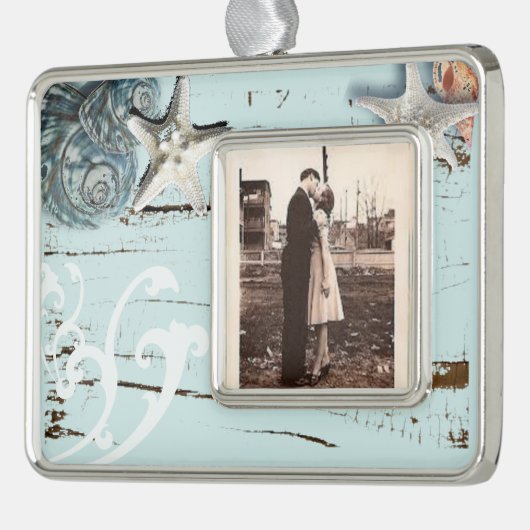 Kustaqua blauw strand hout zeesterren schelp verzilverd omlijst ornament (Links)