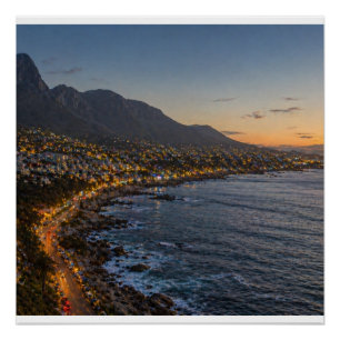 Kustberg Zonsondergang Stadslichten Canvasprint – Perfect Poster