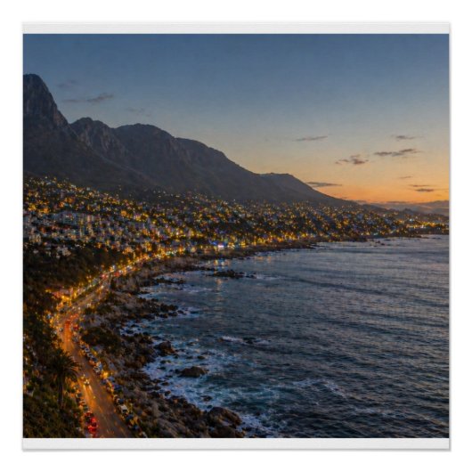 Kustberg Zonsondergang Stadslichten Canvasprint – Perfect Poster (Voorkant)