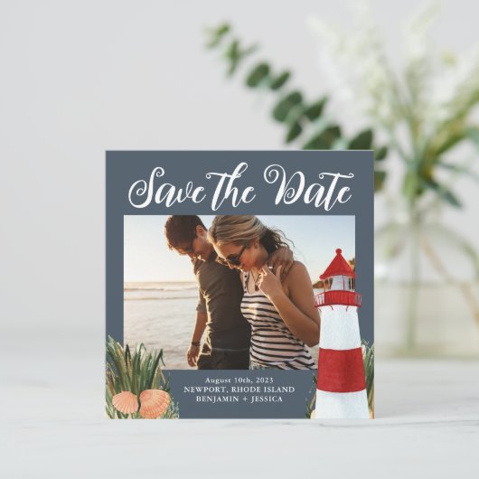 Kustbestemming Weduwfoto Blauw Save The Date (Staand voorkant)