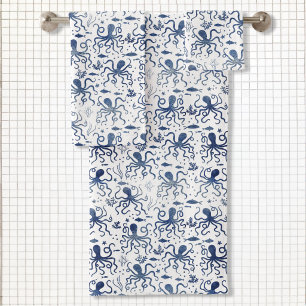 Kustblauw Aquarel Onderwater Octopuspatroon Bad Handdoek