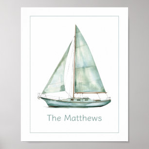 Kustblauw Aquarel Zeilboot Gepersonaliseerd Poster