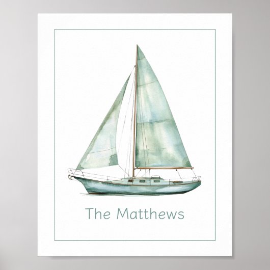 Kustblauw Aquarel Zeilboot Gepersonaliseerd Poster (Voorkant)