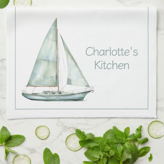 Kustblauw Aquarel Zeilboot Gepersonaliseerd Theedoek (Gevouwen)