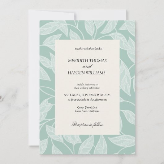 Kustblauw boho botanisch huwelijk kaart (Voorkant)