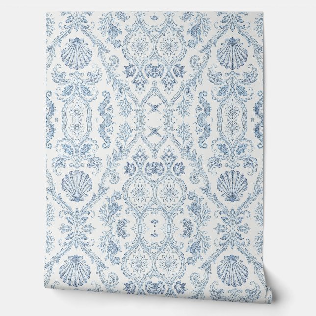 Kustblauw damastbehang - Zeevaart schelp Behang (Afrollen)