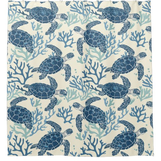 Kustblauw en crème Zee schildpadden gepersonalisee Douchegordijn (Voorkant)
