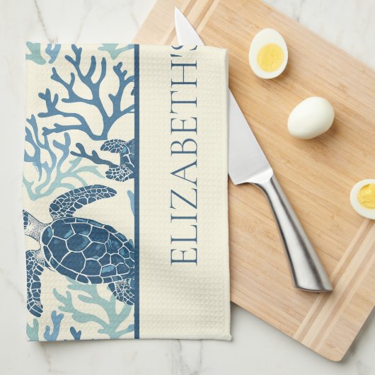 Kustblauw en crème Zee schildpadden gepersonalisee Theedoek (Quarter Fold)