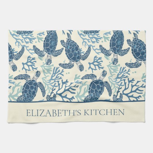 Kustblauw en crème Zee schildpadden gepersonalisee Theedoek (Horizontaal)