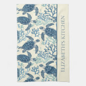 Kustblauw en crème Zee schildpadden gepersonalisee Theedoek (Verticaal)
