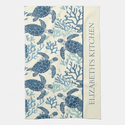 Kustblauw en crème Zee schildpadden gepersonalisee Theedoek (Verticaal)