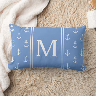 Kustblauw en witte anker monogram kussen