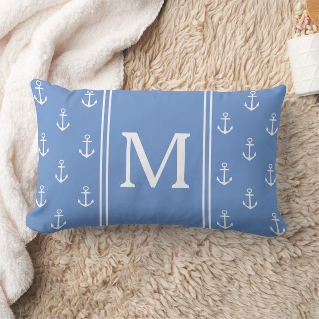 Kustblauw en witte anker monogram kussen (Deken)
