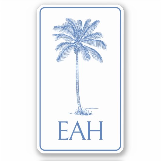 Kustblauw en witte palmboom monogram sticker (Voorkant)