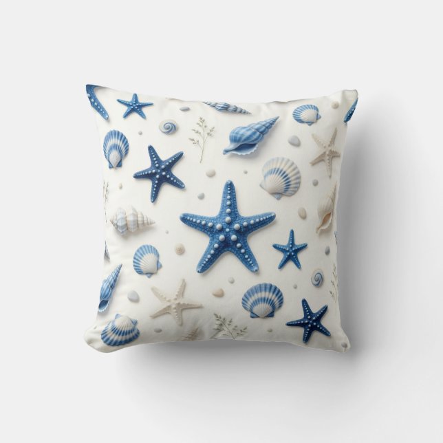 Kustblauw en witte schelpen en zeesterren kussen (Voorkant)