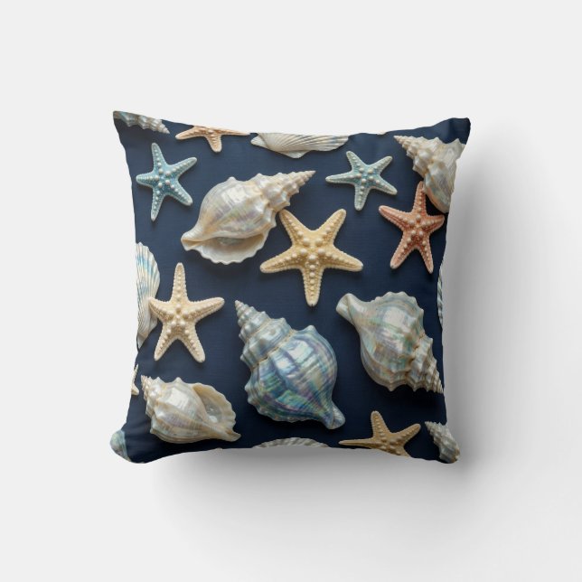 Kustblauw en witte schelpen kussen (Voorkant)