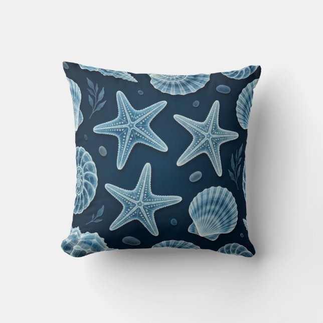 Kustblauw en witte schelpen kussen (Voorkant)
